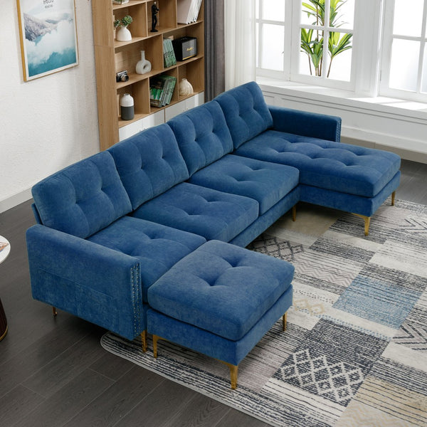 English Elm 110" L-Shape Convertible Sectional Sofa with Movable Ottoman, Velvet Upholstery, Space-Saving Modern Design Blue N719S000970C