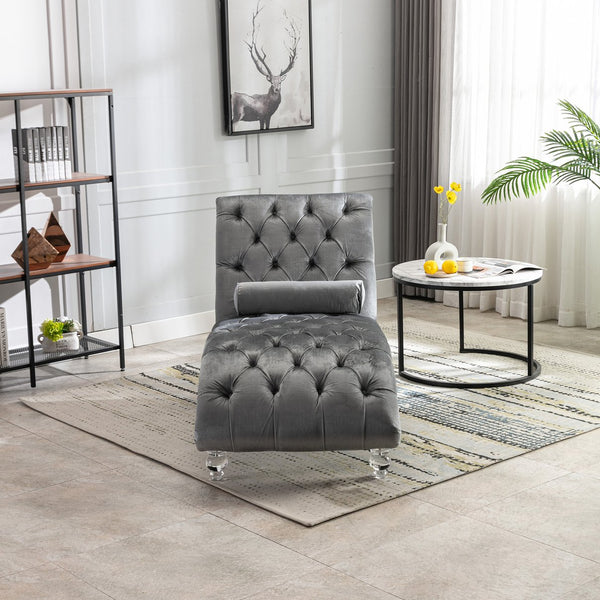 English Elm Velvet Curved Chaise Lounge Sofa with Button-Tufted Back, Thick Foam Cushion & Acrylic Legs for Living Room Comfort Silver W39538683