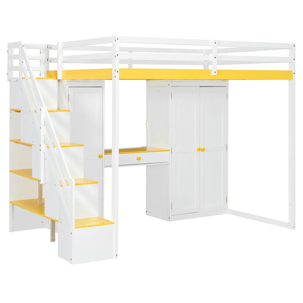 English Elm Full Size Teen Loft Bed with Staircase Shelves Wardrobe Vanity and Led Lighting LT000276AAL