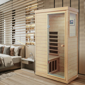 English Elm Hemlock Solid Wood Single Person Far Infrared Sauna with Bluetooth and Lcd Controls W632S00008