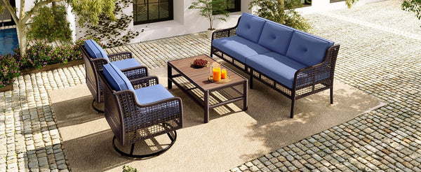 English Elm GO 4 Pieces Outdoor Acacia Wood Sofa Set with Removable Cushions, Woven Armrests & Coffee Table Blue N704G201247C