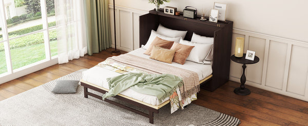 English Elm Queen Size Murphy Bed - Elegant Pine Cabinet With Rattan Accents, Espresso Finish & Storage Drawer W504S00230-GIGA