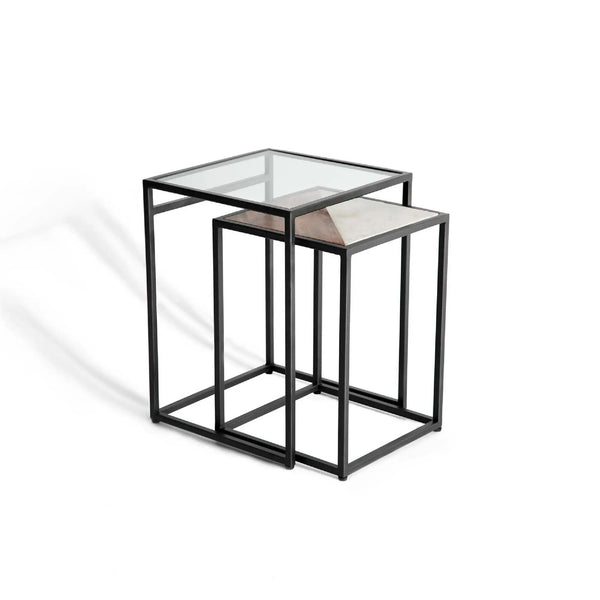 English Elm 2-Piece Glass & Metal Nesting Table Set – Sleek Black Modern Design, Space-Saving Durability for Home B346P320727