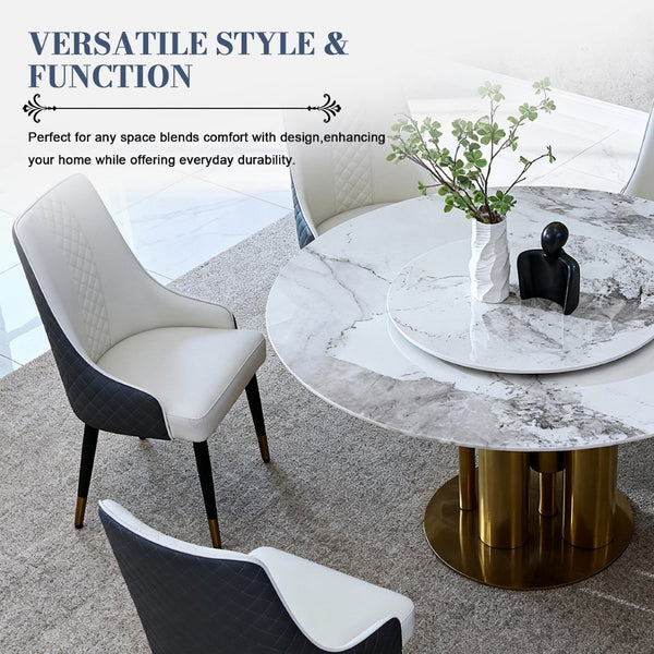 English Elm 59" Round Sintered Stone Dining Table with Lazy Susan Minimalist Base Seats 8 W2699S00097