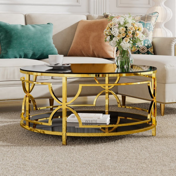 English Elm Round Tempered Glass Coffee Table with Gold Geometric Metal Base and Open Storage Shelf Black N735P396530B