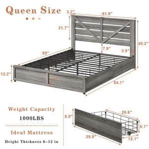 English Elm Queen-size Storage Bed with Led Headboard Barn Door Wood Grain Panel and Four Drawers W5026P429542