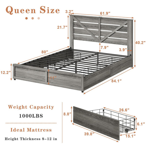 English Elm Queen-size Storage Bed with Led Headboard Barn Door Wood Grain Panel and Four Drawers W5026P429542