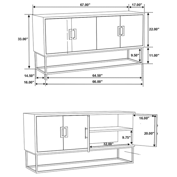English Elm Washoe Rustic Walnut and Silver 4-Door Accent Cabinet with Metal Legs, Storage Shelves, 67"W B062P358336