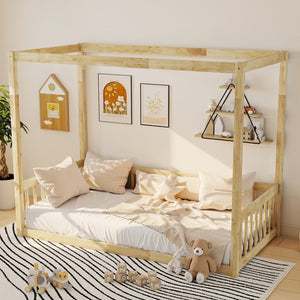 English Elm Twin Canopy Floor Bed Rubberwood Frame with Fence Guardrails for Kids Bedroom Natural W504P351804