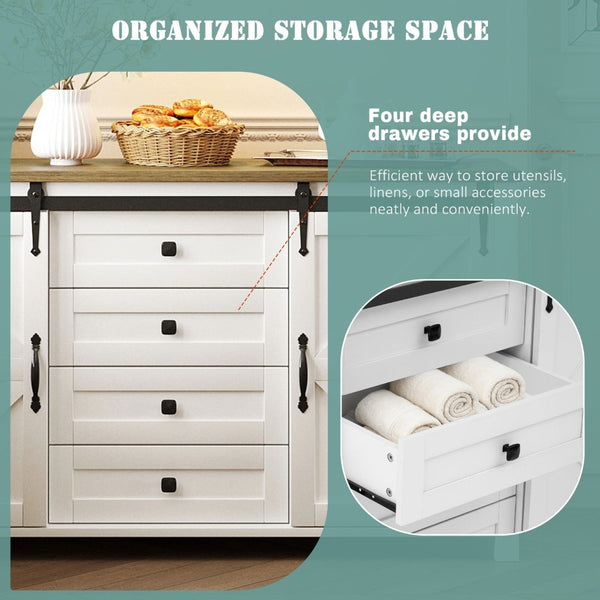 English Elm U-style Farmhouse Sideboard Barn Door Buffet with Drawers Built-in Outlet Dining White N711P347377K