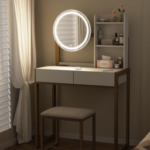 English Elm Small Bedroom Vanity Desk with Led Mirror Cushioned Stool Power Outlet and Storage White+Gold W3587P462322