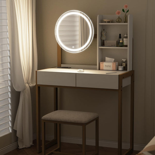 English Elm Small Bedroom Vanity Desk with Led Mirror Cushioned Stool Power Outlet and Storage White+Gold W3587P462322