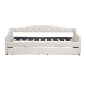 English Elm Upholstered Twin XL Daybed with LED Belt and Two Underbed Drawers, Linen Backrest, Modern Storage Elegance Beige DL002060AAA