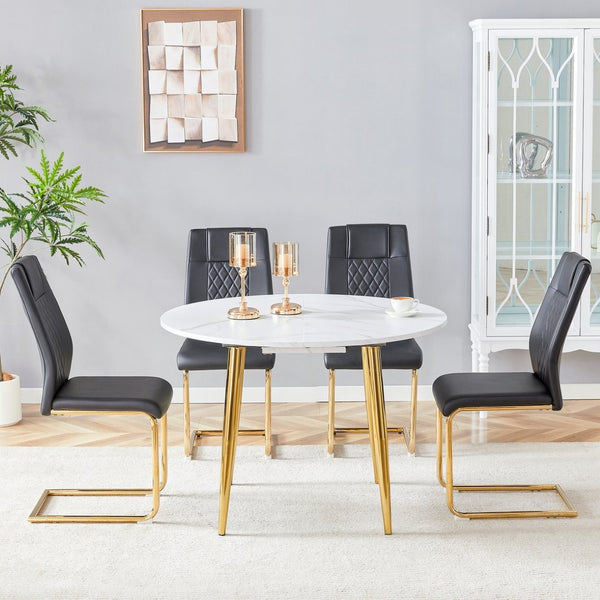 English Elm Table and Chair Set Extendable Mdf Round Oval Dining with Gold Arched Legs Black,White+Gold W1151S03945