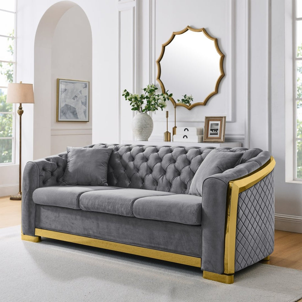 English Elm 81" Tufted Velvet Chesterfield Sofa with Gold Steel Legs for Elegant Living Rooms W1191S00017