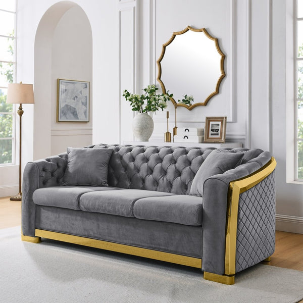 English Elm 81" Tufted Velvet Chesterfield Sofa with Gold Steel Legs for Elegant Living Rooms W1191S00017
