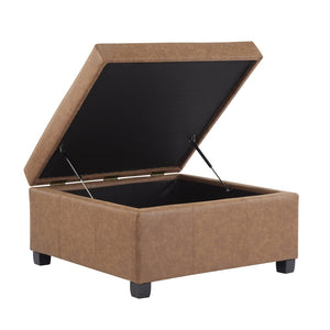 English Elm 35" Waffle-tufted Faux Leather Lift-top Ottoman with Hidden Storage and Birch Legs N767P356738B