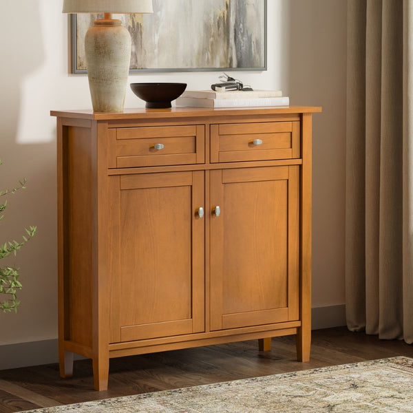 English Elm Warm Shaker Solid Wood Entryway Cabinet with Drawers and Adjustable Shelves in Golden Brown B136P436045