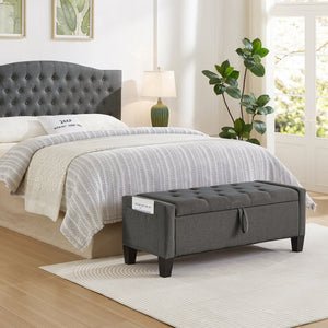 English Elm Ottoman Storage Bench Tufted Linen Upholstered Entryway Seat with Lift Top Shelf Dark Gray W2186P469998