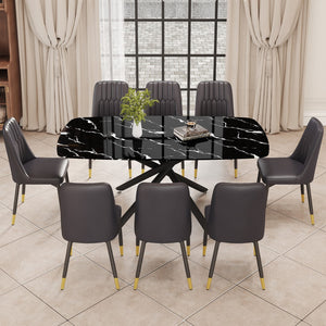 English Elm 1 Table and 8 Chairs Set.A Rectangular Dining Table With A Imitation Marble Black Table Top and Black Metal Legs.Paired With 8 Chairs With Pu Leather Seat Cushion and Black Metal Legs.F-1537,C-007