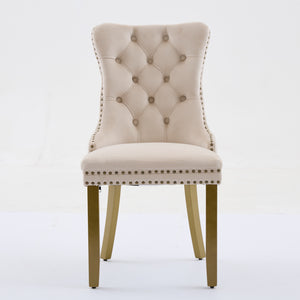 English Elm Mid-Century Lion Head Pull Ring Velvet Dining Chair with Tufted Cushion, Gold Wood Legs, Nailhead Trim Beige W1143P233644
