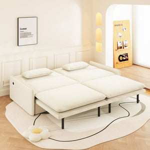 English Elm 4-Seat Convertible Sleeper Sofa Bed Chenille Upholstery Deep Seat Storage USB Port Modern Pull-Out Beige+White W1885S00214