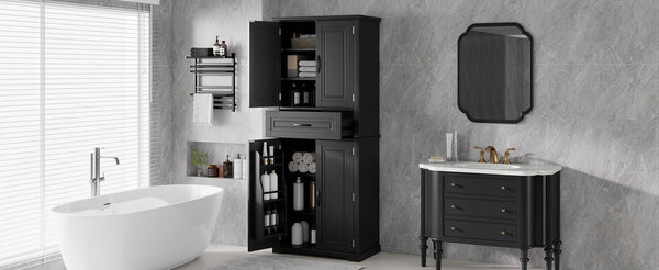 English Elm [video] Tall Matte Black Bathroom Cabinet with Drawer Adjustable Shelves and Door Racks N759P241667B