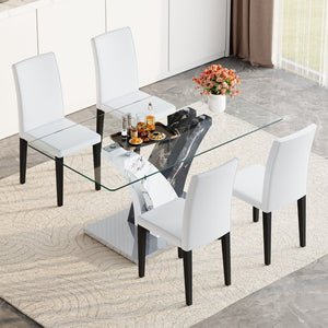 English Elm Table Set: Modern Dining Table With Glass Top & Artistic Legs Paired With 4 Comfortable Pu Chairs W1151S03810-GIGA