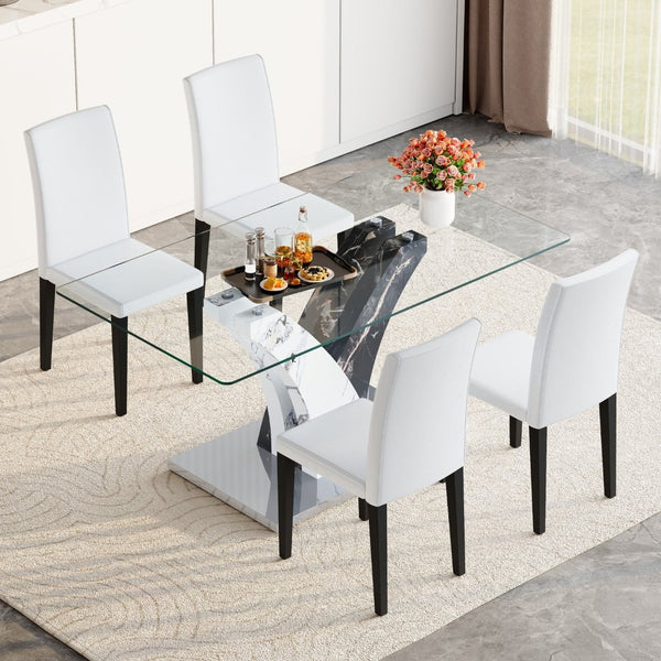 English Elm Table Set: Modern Dining Table With Glass Top & Artistic Legs Paired With 4 Comfortable Pu Chairs W1151S03810-GIGA