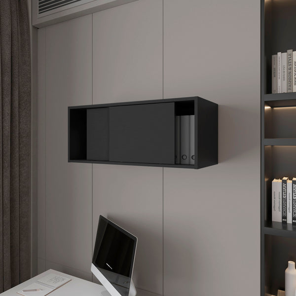 English Elm Anegam Floating Cabinet with Sliding Door for Small Spaces — Sleek Wall-Mounted Storage Solution, 31.9" W Black 34 L x 14.2 W x 3.5 H B128P244998