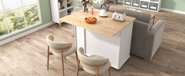 English Elm K&K Kitchen Island with Drop Leaf, Rolling Storage Cart with 3-Tier Pull-Out Organizer, Durable Wood Countertop White WF531421AAW
