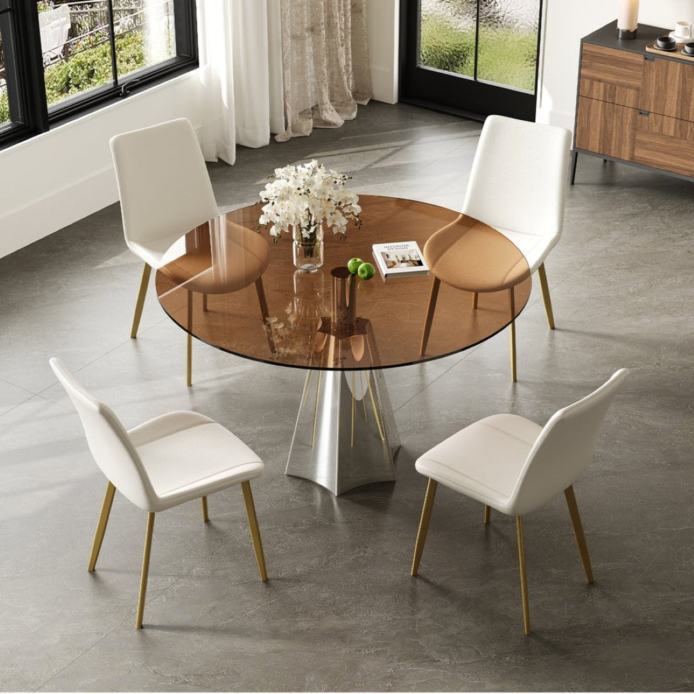 English Elm 35 Inch Round Glass Dining Set Mid Century 5 Piece with Flared Base Pu Chairs W2700S00081