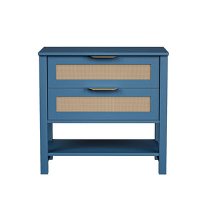 English Elm Rattan Front Boho Coastal Nightstand with Gold Pulls Open Shelf and Woven Drawer Accents Turquoise T3210P471549