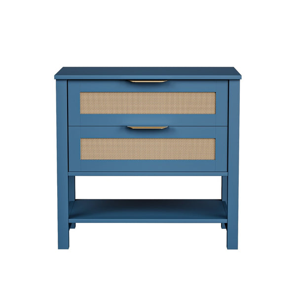 English Elm Rattan Front Boho Coastal Nightstand with Gold Pulls Open Shelf and Woven Drawer Accents Turquoise T3210P471549