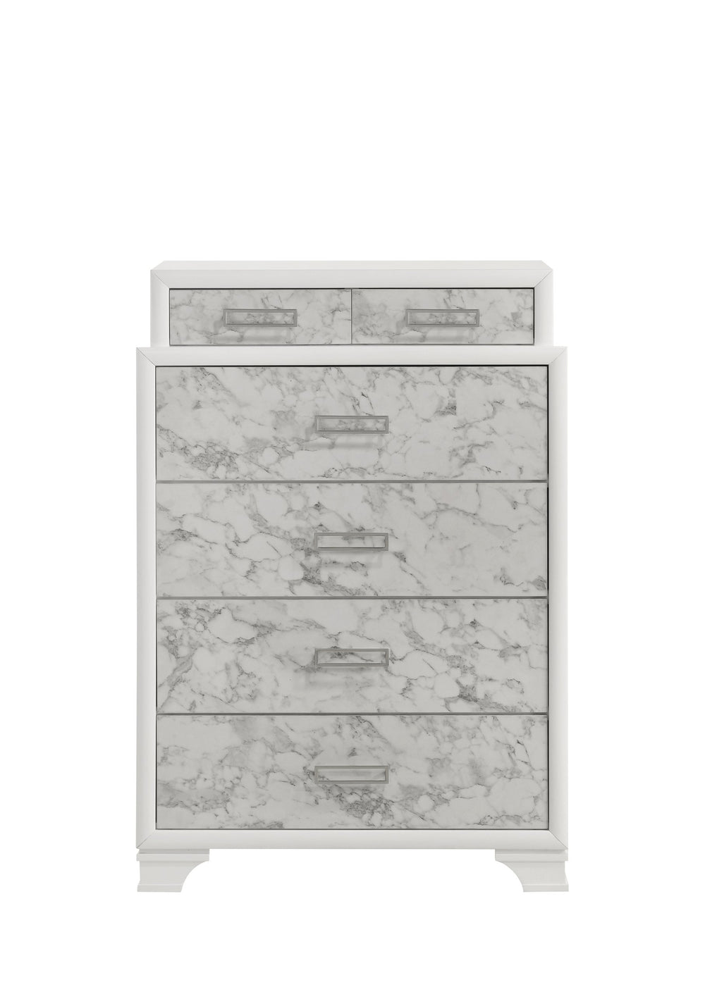 English Elm Soul Modern White Chest of Drawers with Marble-Pattern Panels, 6 Drawers, Silver Handles, Durable Wood Finish G150108659