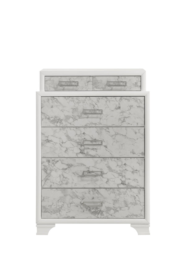 English Elm Soul Modern White Chest of Drawers with Marble-Pattern Panels, 6 Drawers, Silver Handles, Durable Wood Finish G150108659