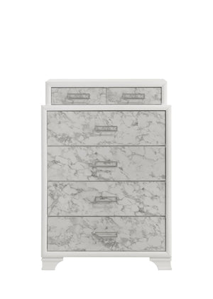 English Elm Soul Modern White Chest of Drawers with Marble Panels, 6 Spacious Drawers & Silver Handles for Bedroom Elegance and Durable Manufactured Wood Storage B009P309604