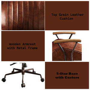 English Elm Brancaster Executive Cocoa Top Grain Leather Office Chair with Wooden Armrests, Pneumatic Lift and Casters B2726P254143