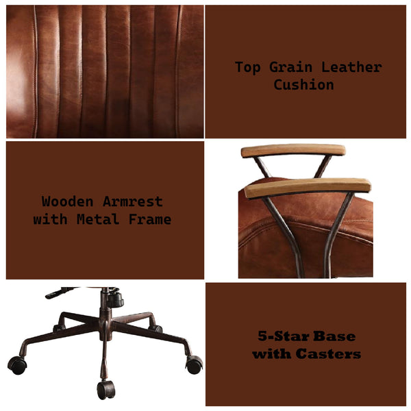 English Elm Brancaster Executive Cocoa Top Grain Leather Office Chair with Wooden Armrests, Pneumatic Lift and Casters B2726P254143