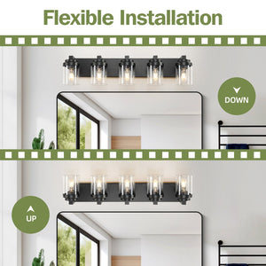 English Elm 5-Light Matte Black Farmhouse Vanity Light 31" with Clear Glass Shades, Water-Resistant LED Sconce for Bath W2312P389979