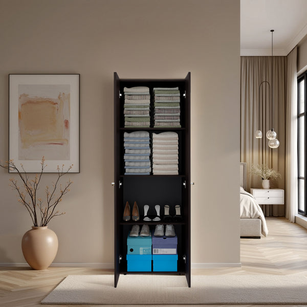 English Elm Home 2 Door Closet System Stained Walnut – Compact 66.9" H Freestanding Wardrobe with 4 Shelves, Durable Engineered Wood Storage B200P350347