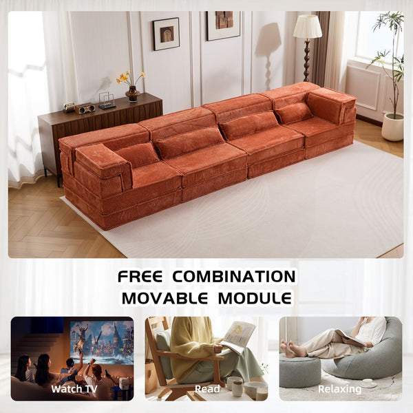English Elm Compression Mahjong Sofa: Cozy Modular Floor Bed With Memory Foam & 4 Pillows, No Assembly, Orange W3723S00030