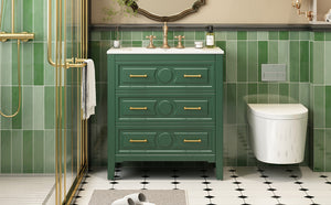 English Elm 30'' Bathroom Vanity with Ceramic Sink, Solid Wood Frame Retro Style Vanity with 3 Drawers & Gold Handles Green N710P246209F