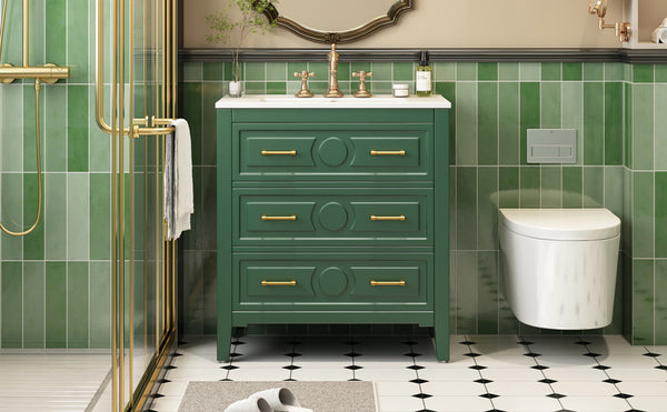 English Elm 30'' Bathroom Vanity with Ceramic Sink, Solid Wood Frame Retro Style Vanity with 3 Drawers & Gold Handles Green N710P246209F