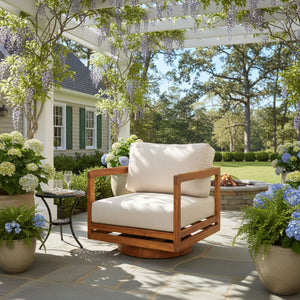 English Elm Christopher Knight Home® - Tanah 360° Outdoor Swivel Lounge Chair in Teak Finish with Plush Beige Cushions — Stylish Patio Comfort N775P361825T