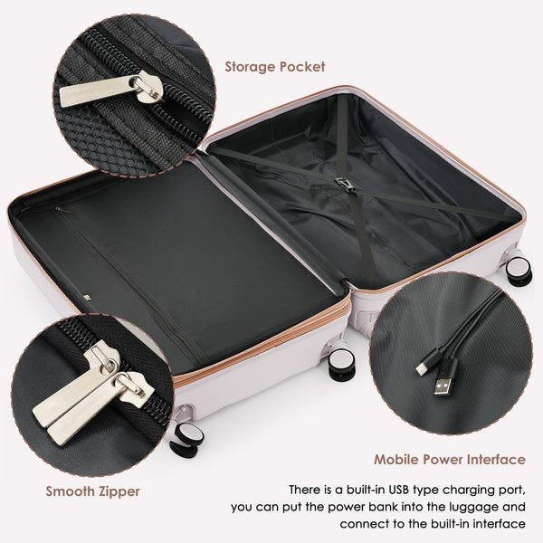 English Elm Luggage Set 4 Piece Abs Hard Shell Spinner Suitcases with Usb Port and Cup Holder Light Grey N726P185038D