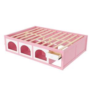 English Elm Queen Storage Platform Bed with Led Lighting Bookshelf Display Cabinet and Pull-out Drawer Pink+White N820S00078H