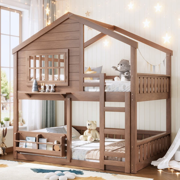 English Elm Full Bunk Bed with Trundle Bookshelf Storage Pine Frame Car Design for Kids Natural W1580S00522