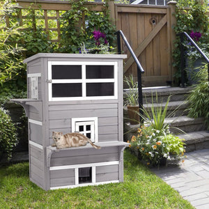 English Elm Pawhut 3-Story Cat House - Cozy Multi-Level Feral Shelter With Escape Doors, Jumping Platforms, Grey W2225P200611-GIGA