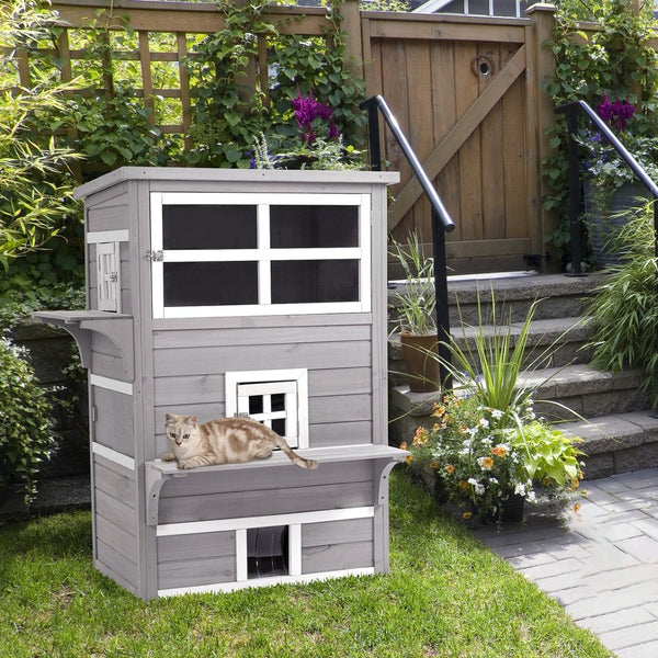 English Elm Pawhut 3-Story Cat House - Cozy Multi-Level Feral Shelter With Escape Doors, Jumping Platforms, Grey W2225P200611-GIGA